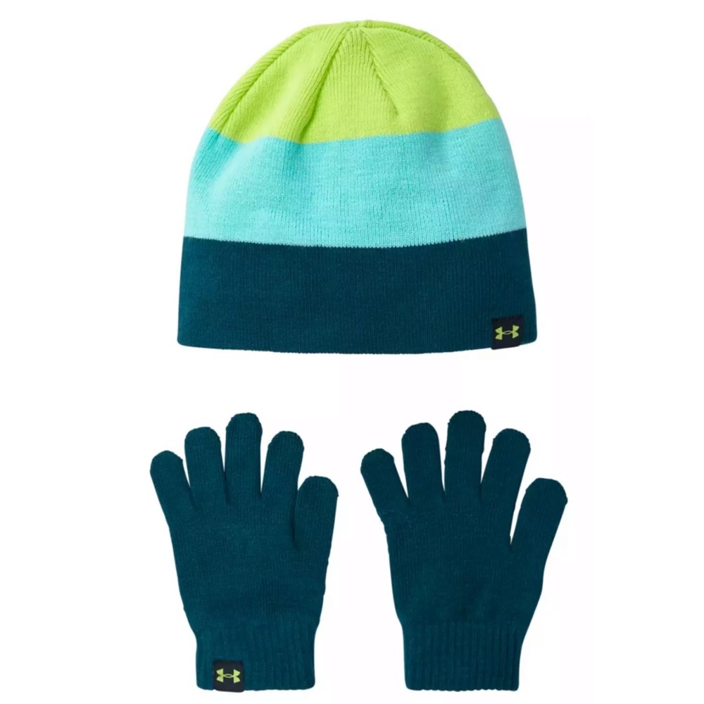 Under Armour Boys Youth Winter Colorblock Stripe Beanie Hat and Gloves Set